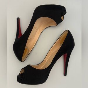 Christian Louboutin Black Satin Peep-Toe Heels